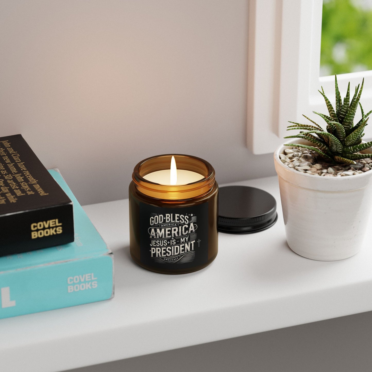 Inspirational Scented Soy Candle – "God Bless America, Jesus is My President" – Multi-Size Amber Jar
